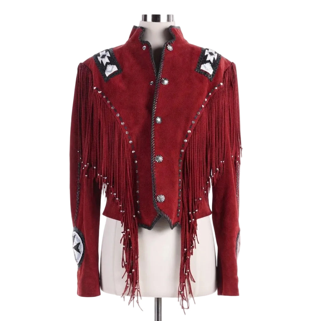 RED LEATHER JACKET WITH FRINGES ON WHITE BACKGROUND