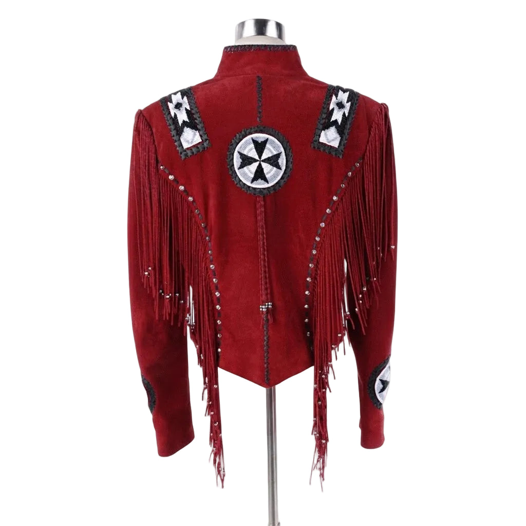 RED LEATHER JACKET WITH FRINGES ON WHITE BACKGROUND
