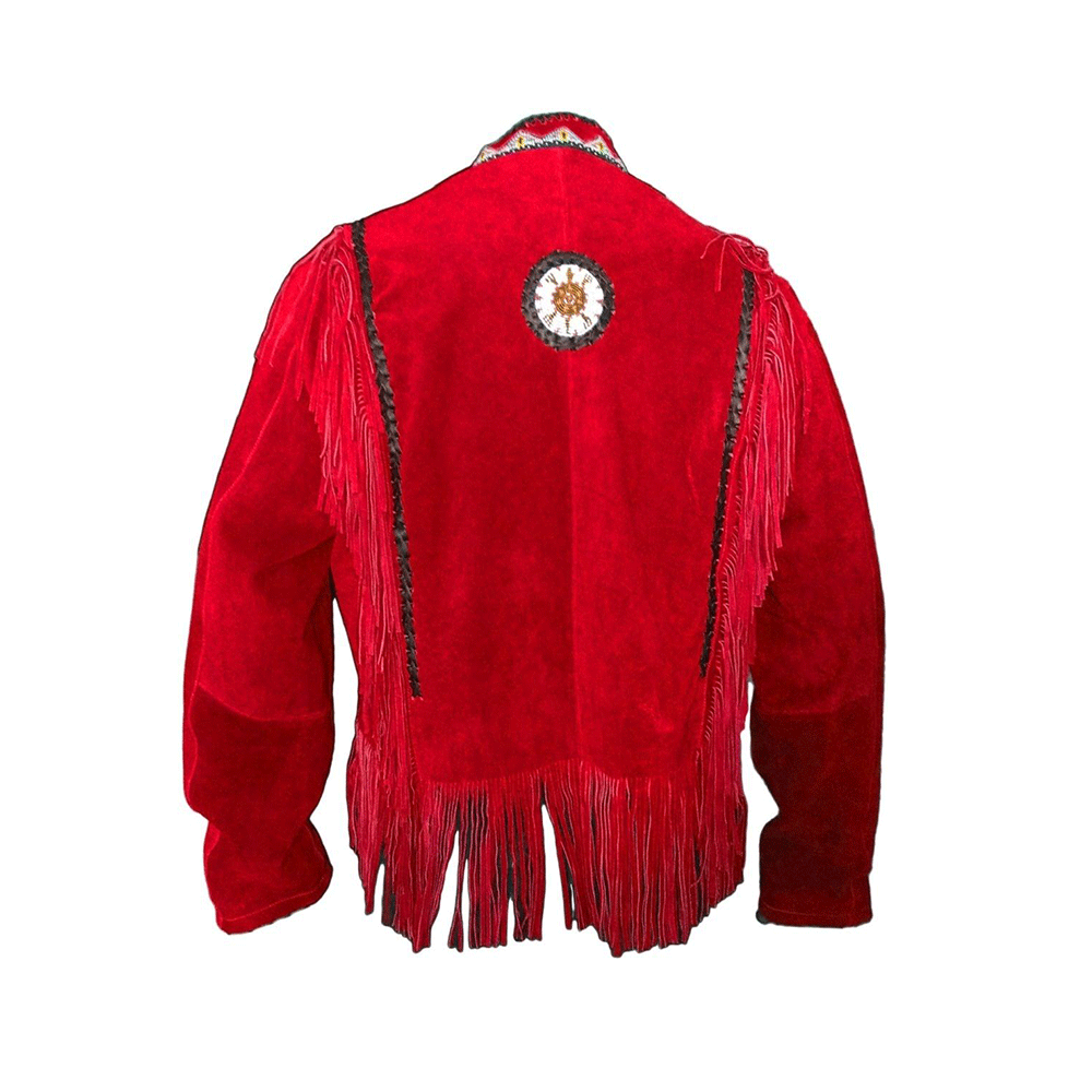 Western Red Suede Leather Fringe Beaded Jacket Cowboy Jacket LWJ6520