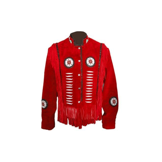 Western Red Suede Leather Fringe Beaded Jacket Cowboy Jacket LWJ6520
