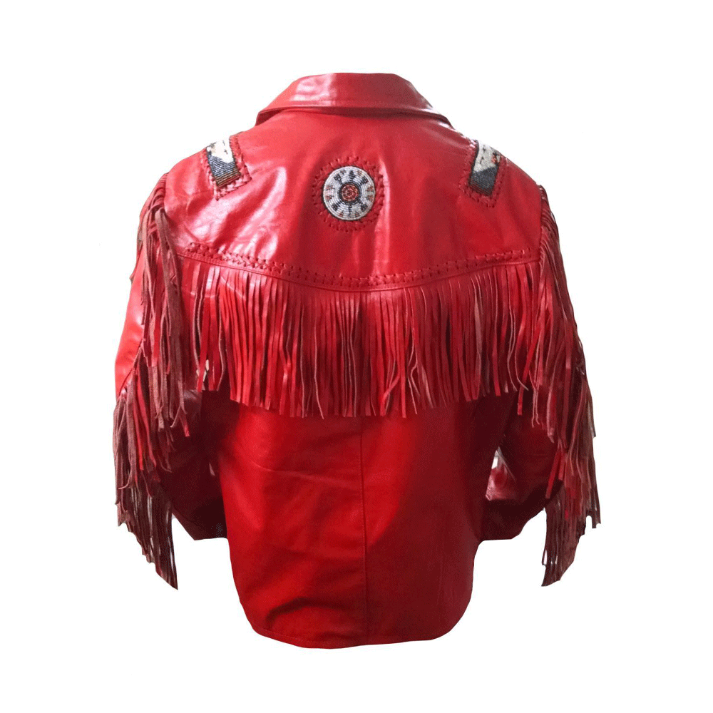 Western Red Leather Fringe Beaded Jacket LWJ651