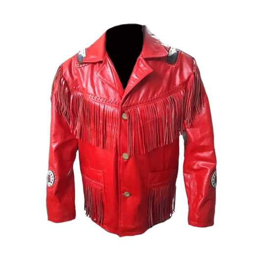 Western Red Leather Fringe Beaded Jacket LWJ651