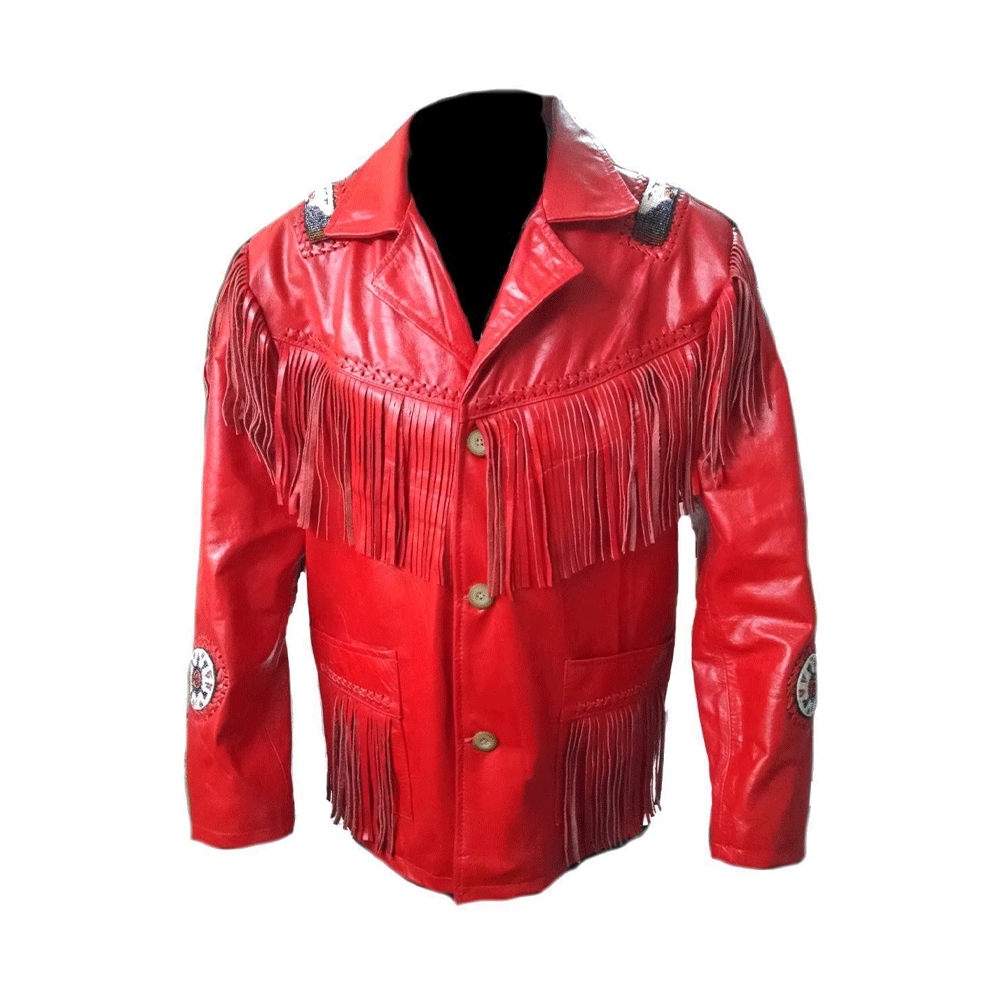 Western Red Leather Fringe Beaded Jacket LWJ651