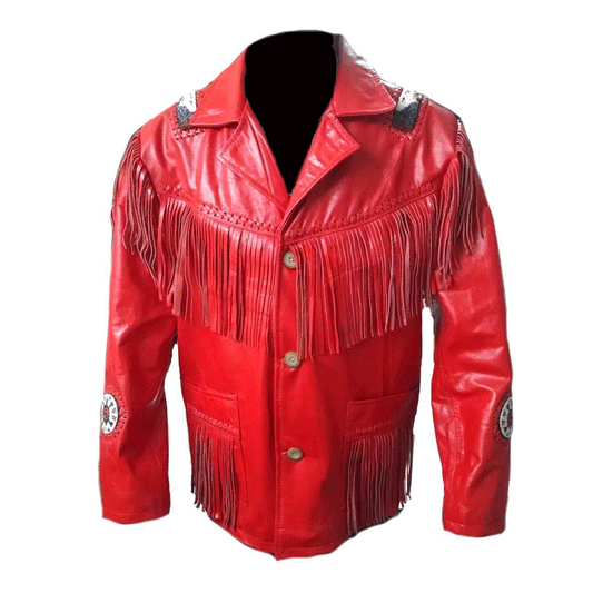 Western Red Leather Fringe Beaded Jacket Cowboy jacket LWJ6510
