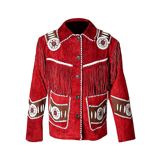 Western Red Suede Leather Fringe Bone Beaded Jacket Cowboy Jacket LWJ6570
