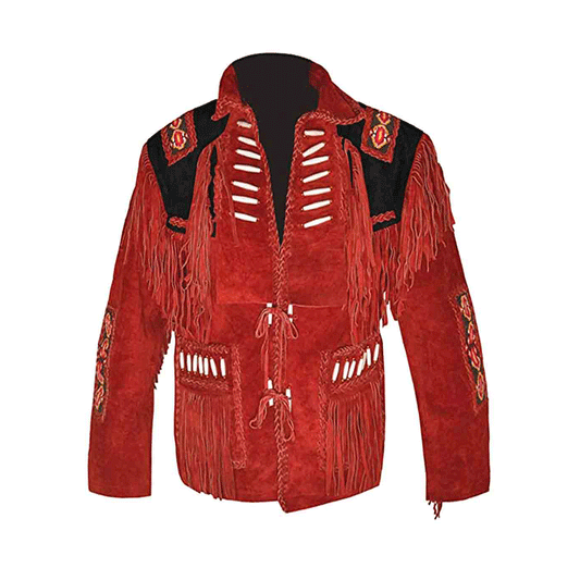 Western Red Suede Leather Fringes Beaded Jacket Cowboy Jacket LWJ6560