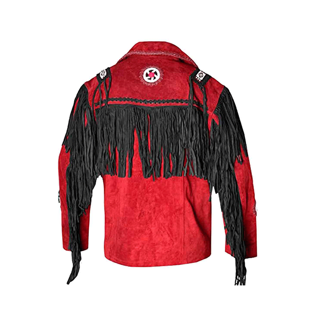 Western Red Suede Leather Fringe Bone Beaded Jacket Cowboy Jacket LWJ6580