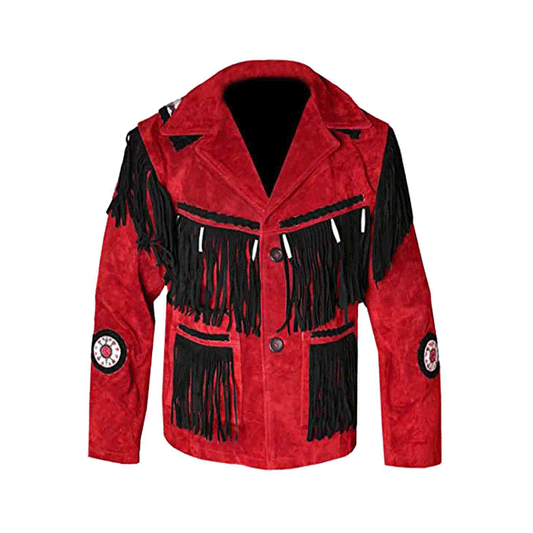 Western Red Suede Leather Fringe Bone Beaded Jacket Cowboy Jacket LWJ6580