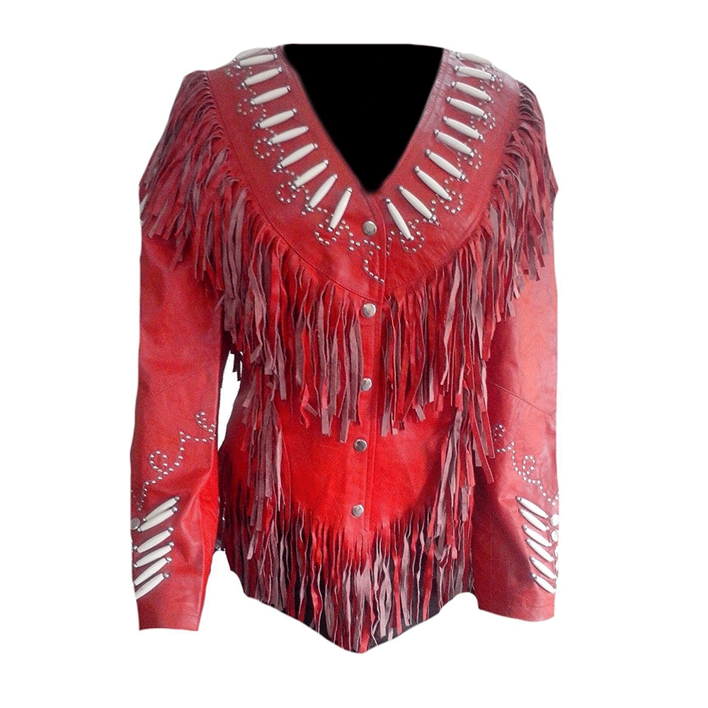 Women’s Western Red Fringe Bone Work Leather Jacket WFJ10130