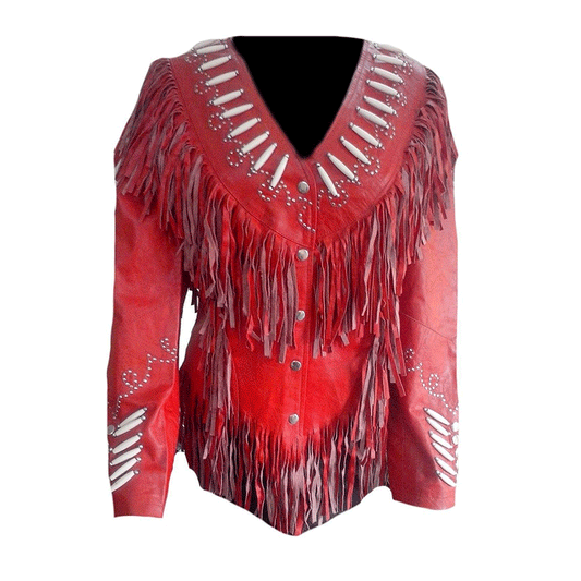 Women’s Western Red Fringe Bone Work Leather Jacket WFJ10130