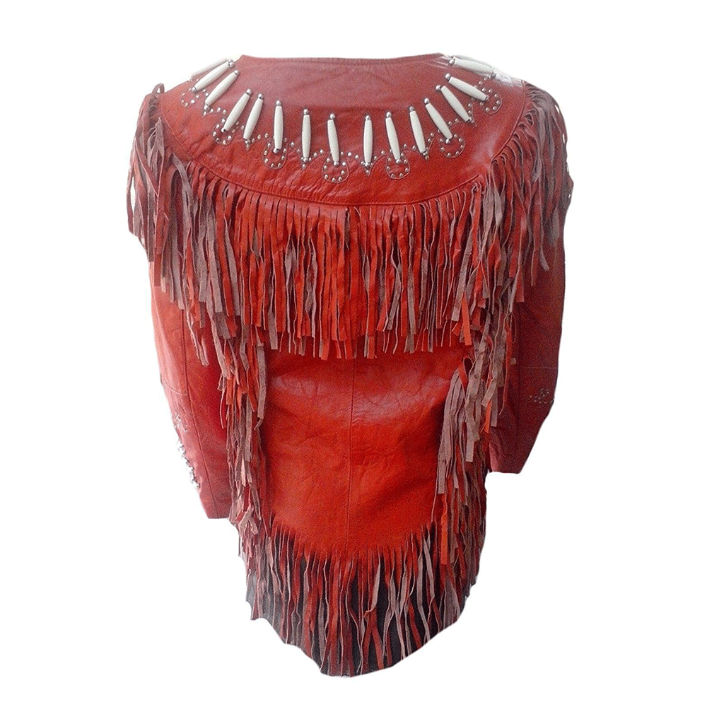 Women’s Western Red Fringe Bone Work Leather Jacket WFJ10130
