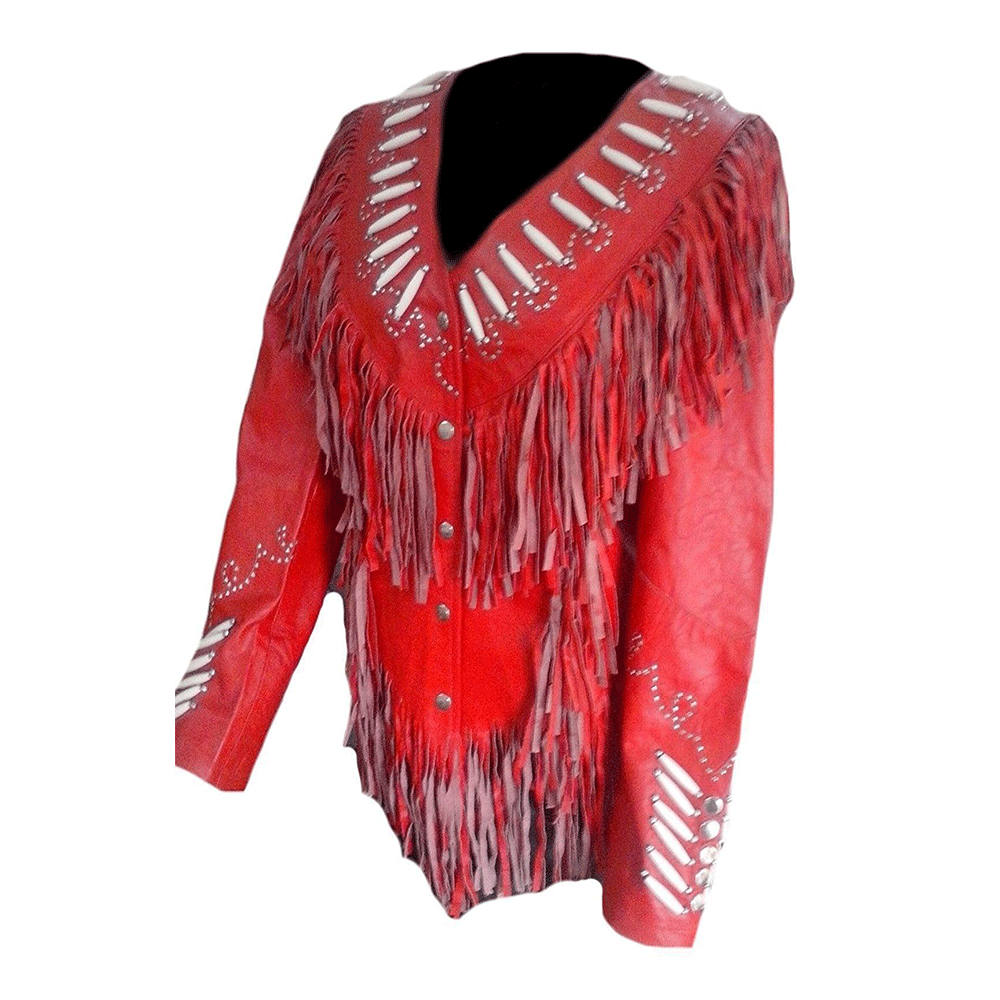Women’s Western Red Fringe Bone Work Leather Jacket WFJ10130