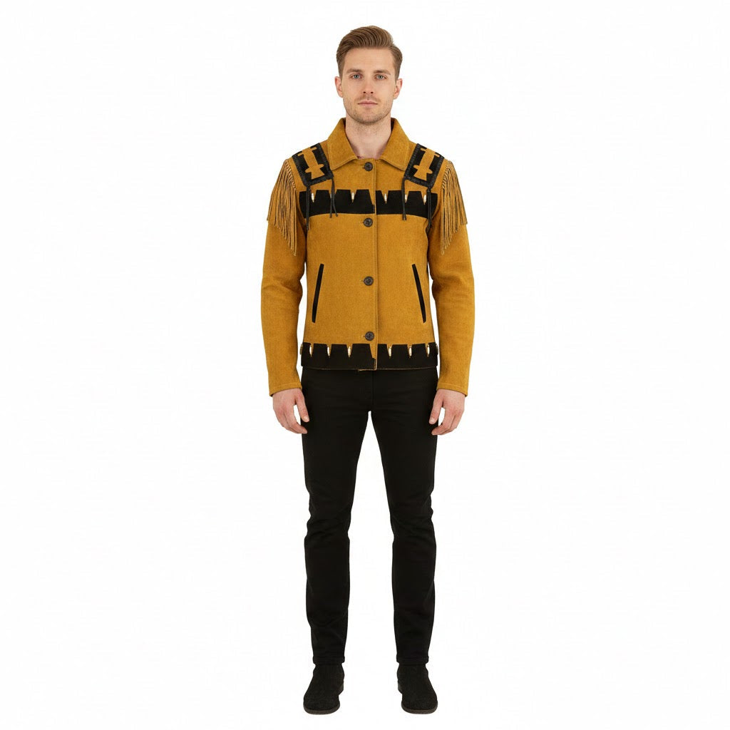 Man wearing a mustard yellow jacket with black accents on a white background