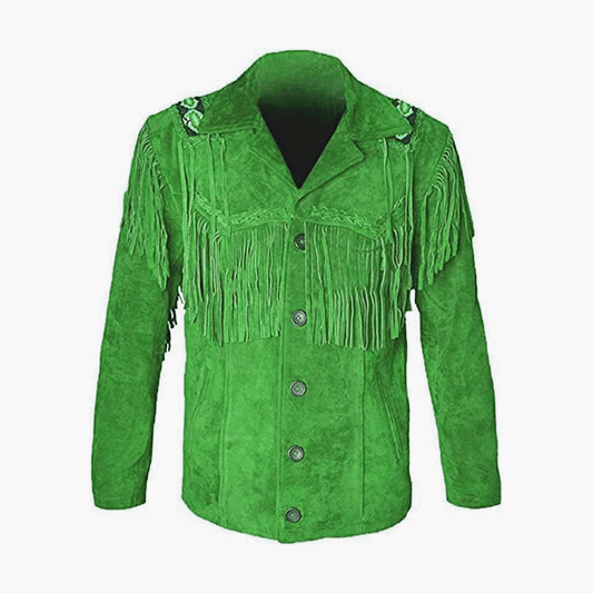 Western Green Suede Leather Fringe Beaded Jacket Cowboy Jacket LWJ7540