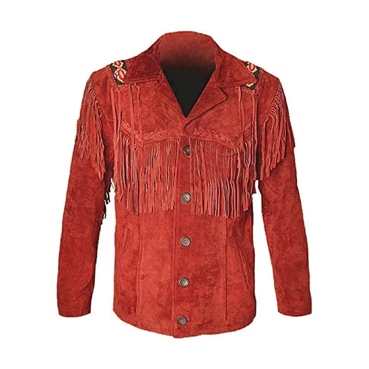 Western Red Suede Leather Fringe Beaded Jacket Cowboy Jacket LWJ6550