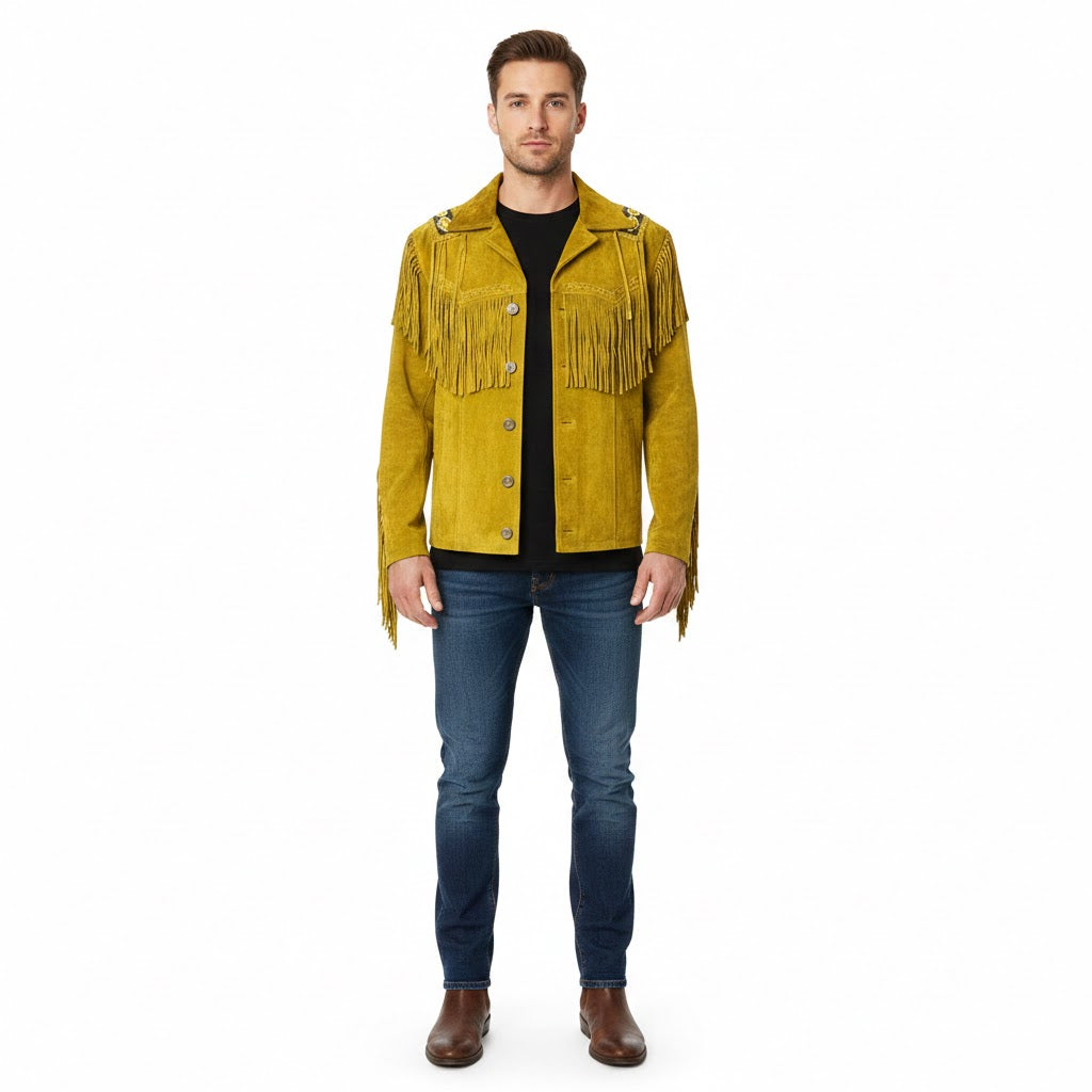 Man wearing a Tan yellow fringed jacket on a white background