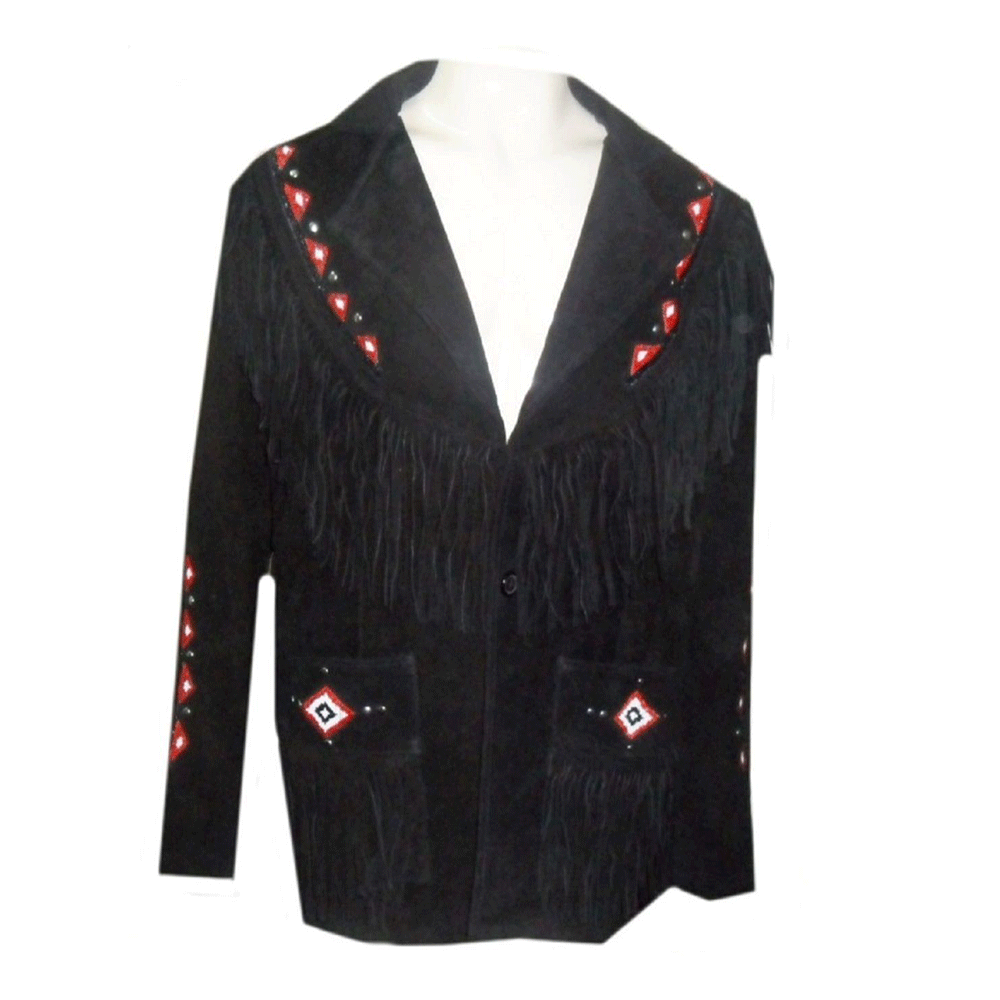 Western Black Suede Leather Fringe Beaded Leather Jacket LWJ375