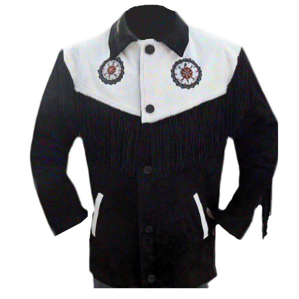 Western Black Fringe Beaded Suede Leather Jacket Cowboy Jacket LWJ3760