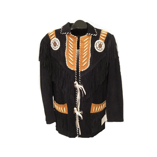 Western Black Suede Leather Fringe Beaded Leather Jacket LWJ379