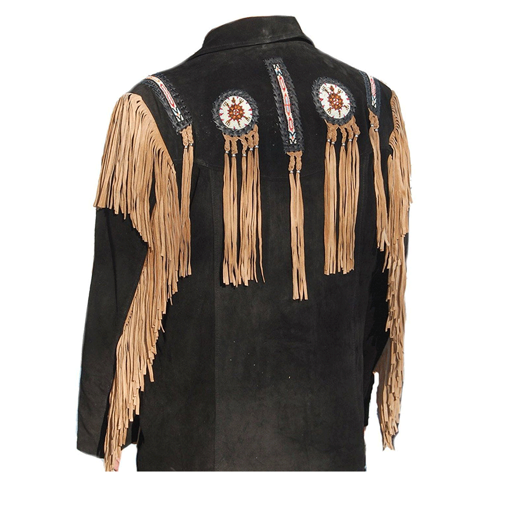 Western Black Fringe Beaded Suede Leather Jacket Cowboy Jacket LWJ3800