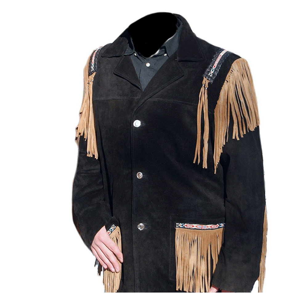 Western Black Fringe Beaded Suede Leather Jacket Cowboy Jacket LWJ3800