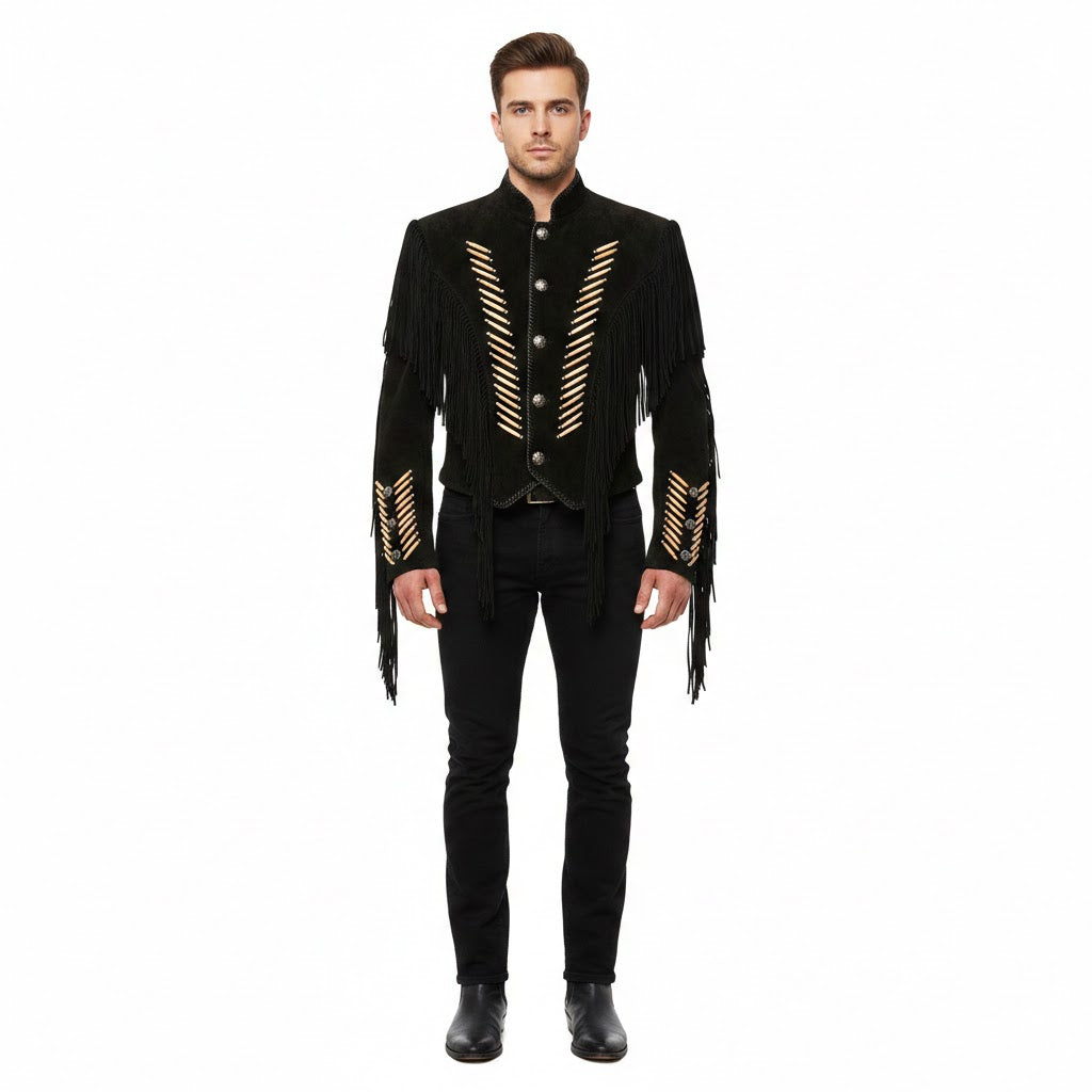 Western Black Fringe Bone Suede Leather Jacket Cowboy LWJ4030