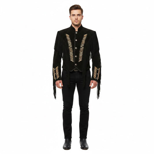 Western Black Fringe Bone Suede Leather Jacket Cowboy LWJ4030