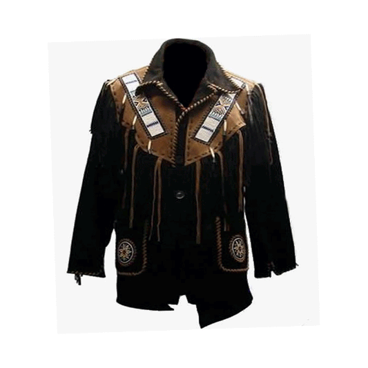 Western Black Suede Leather Fringe Beaded Leather Jacket LWJ382