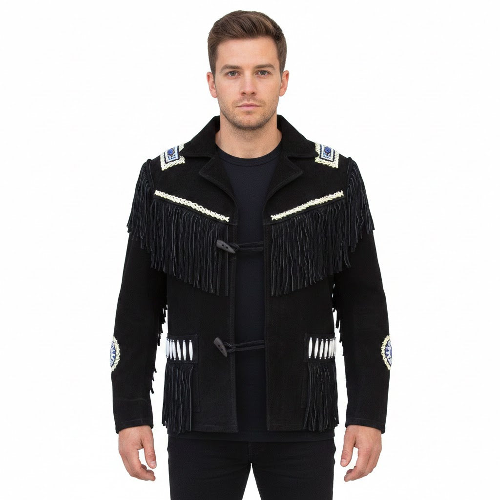Western Black Fringe Beaded Suede Leather Jacket Cowboy Jacket LWJ3840