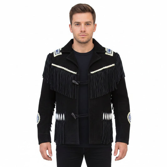 Western Black Fringe Beaded Suede Leather Jacket Cowboy Jacket LWJ3840