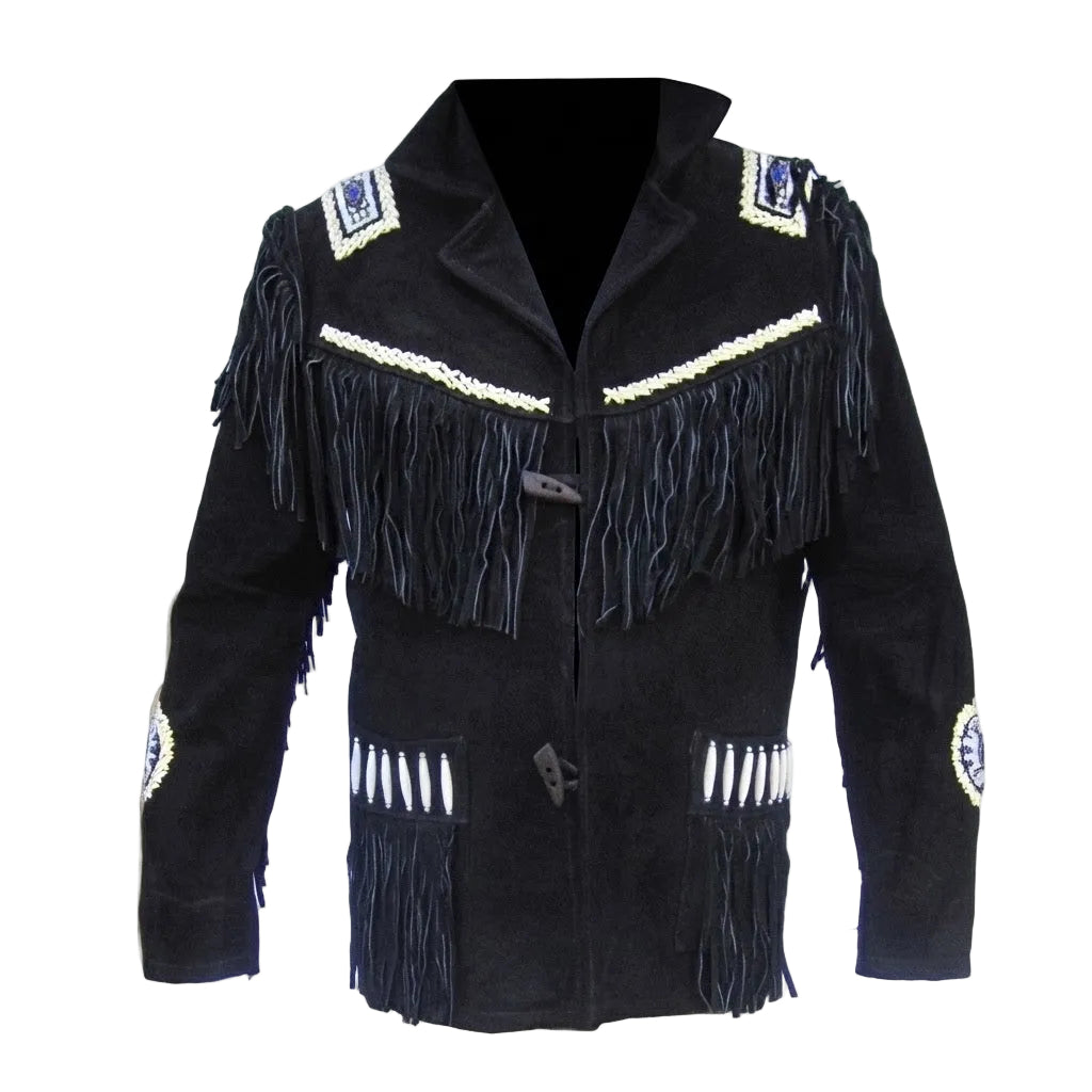 A black suede fringed jacket with decorative embroidered details on the shoulders, chest, and cuffs, displayed on a black mannequin torso against a white background.
