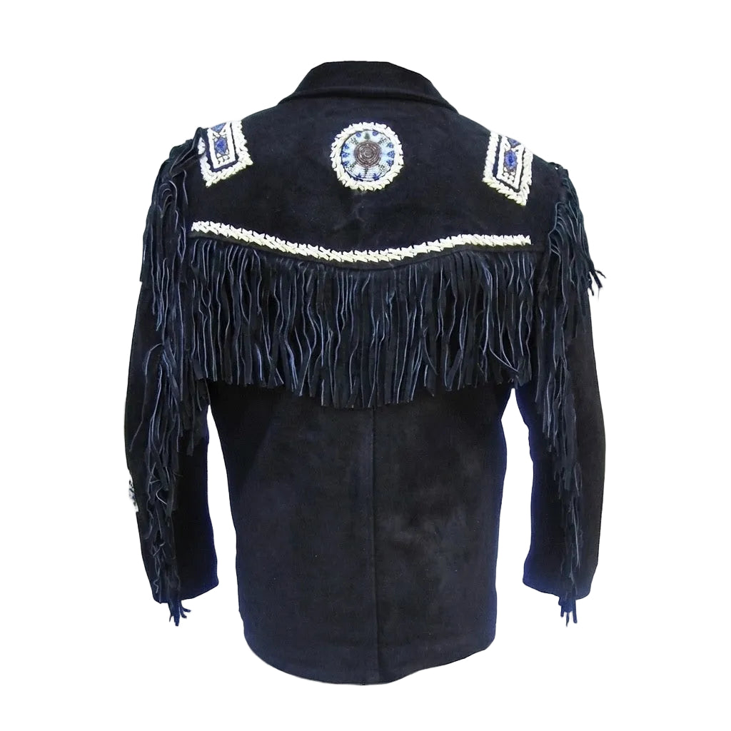 A black suede fringed jacket with intricate blue, white, and silver beadwork and embroidery on the shoulders and back, shown against a plain white background.