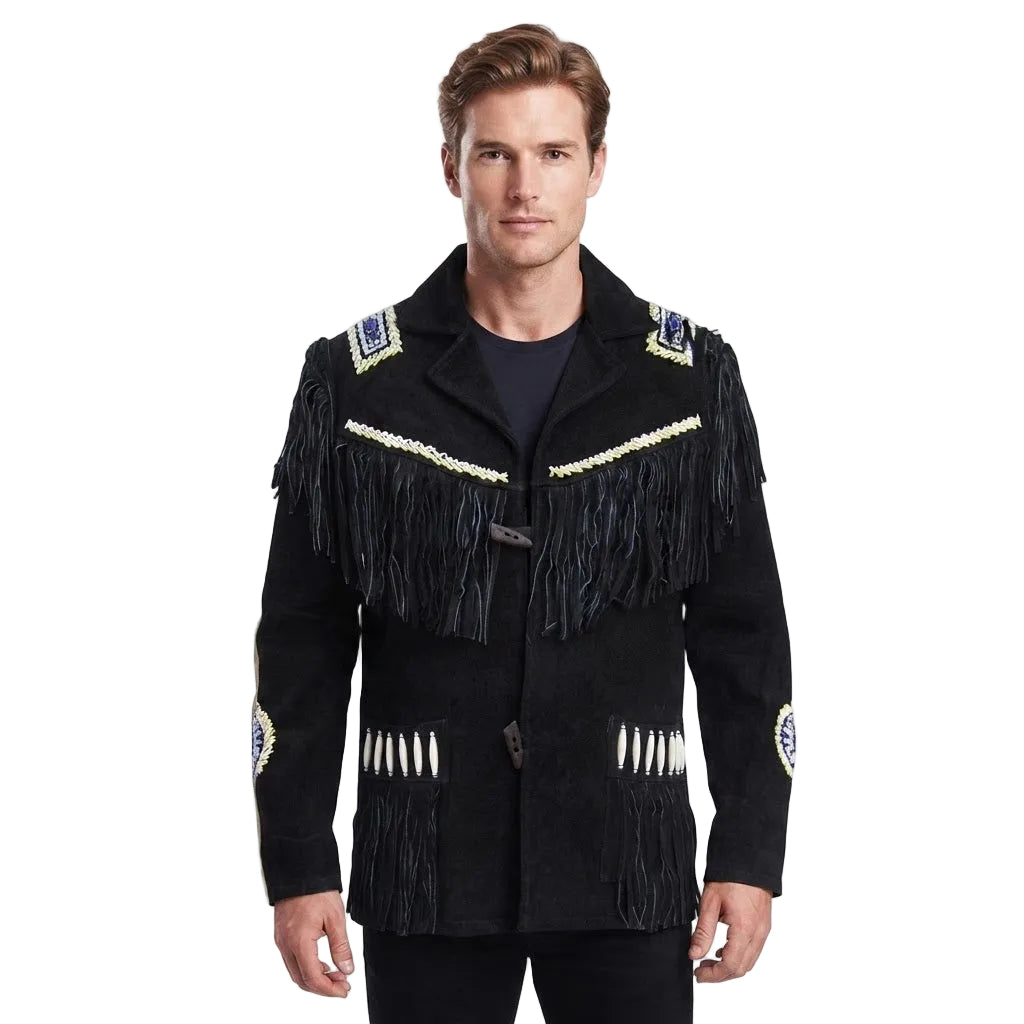 A man wearing a black suede fringed jacket with gold trim, blue and white embroidered details, and a toggle closure, photographed against a plain white background.