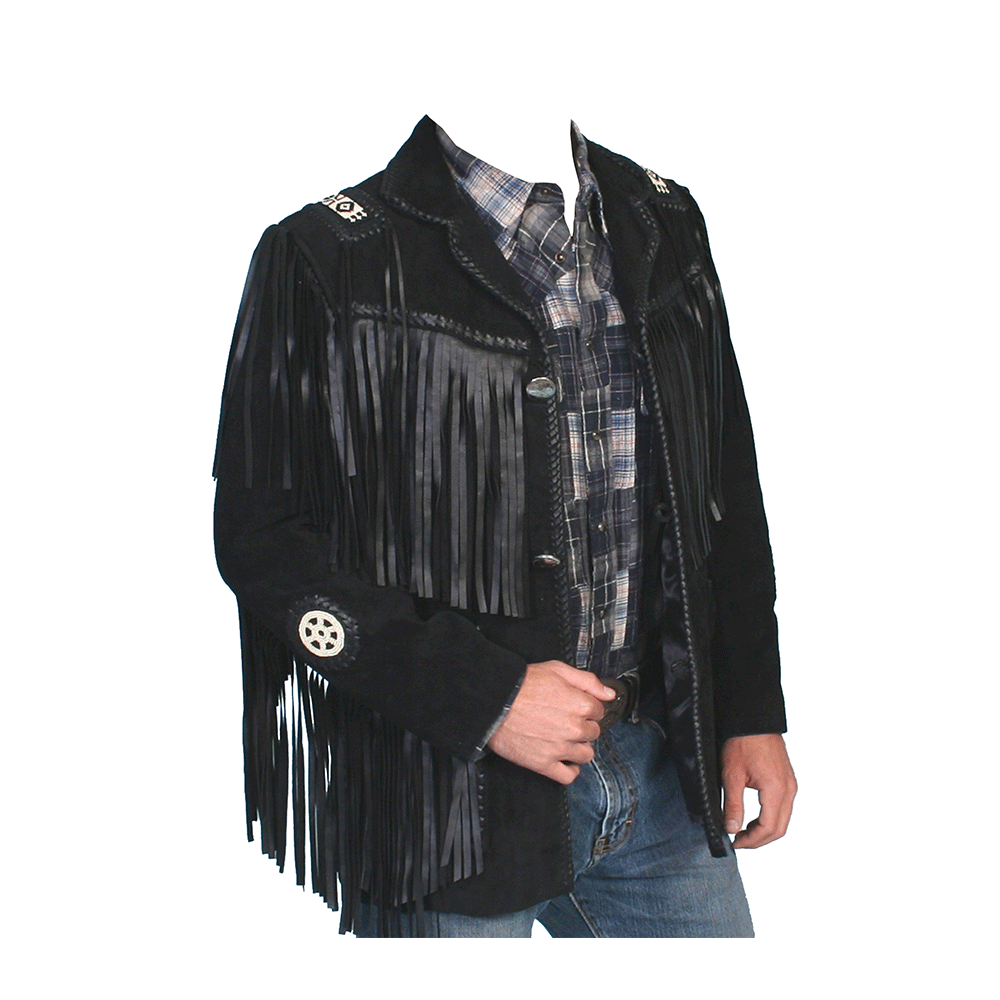 Western Black Suede Leather Fringe Beaded Jacket Cowboy Jacket LWJ371