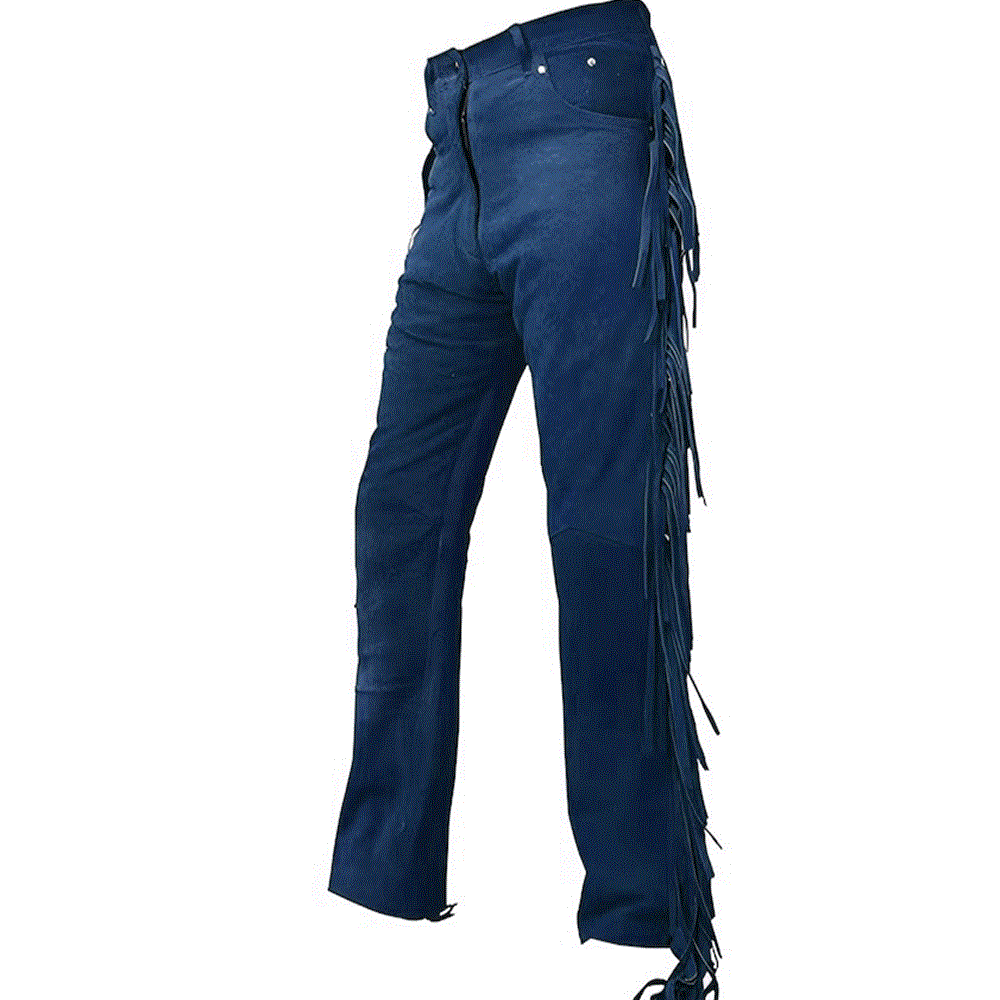 mens suede leather fringe pant in blue