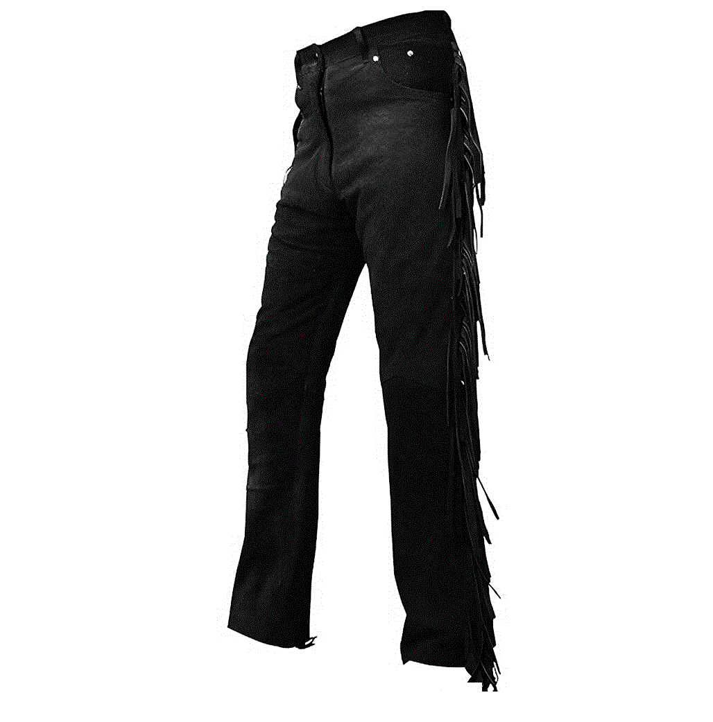 mens suede leather fringe pant in black