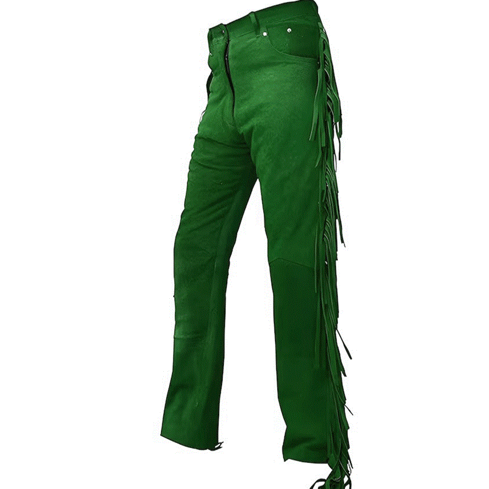 mens suede leather fringe pant in green 