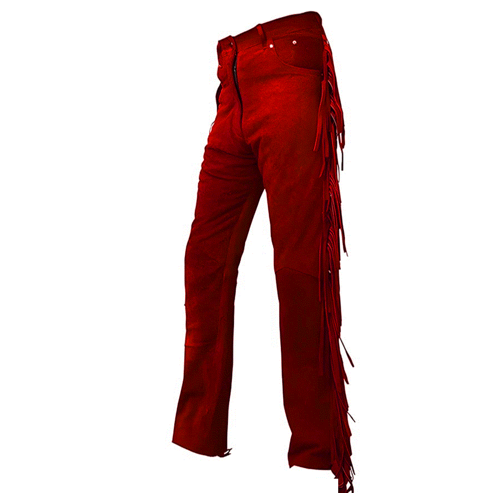mens suede leather fringe pant in red