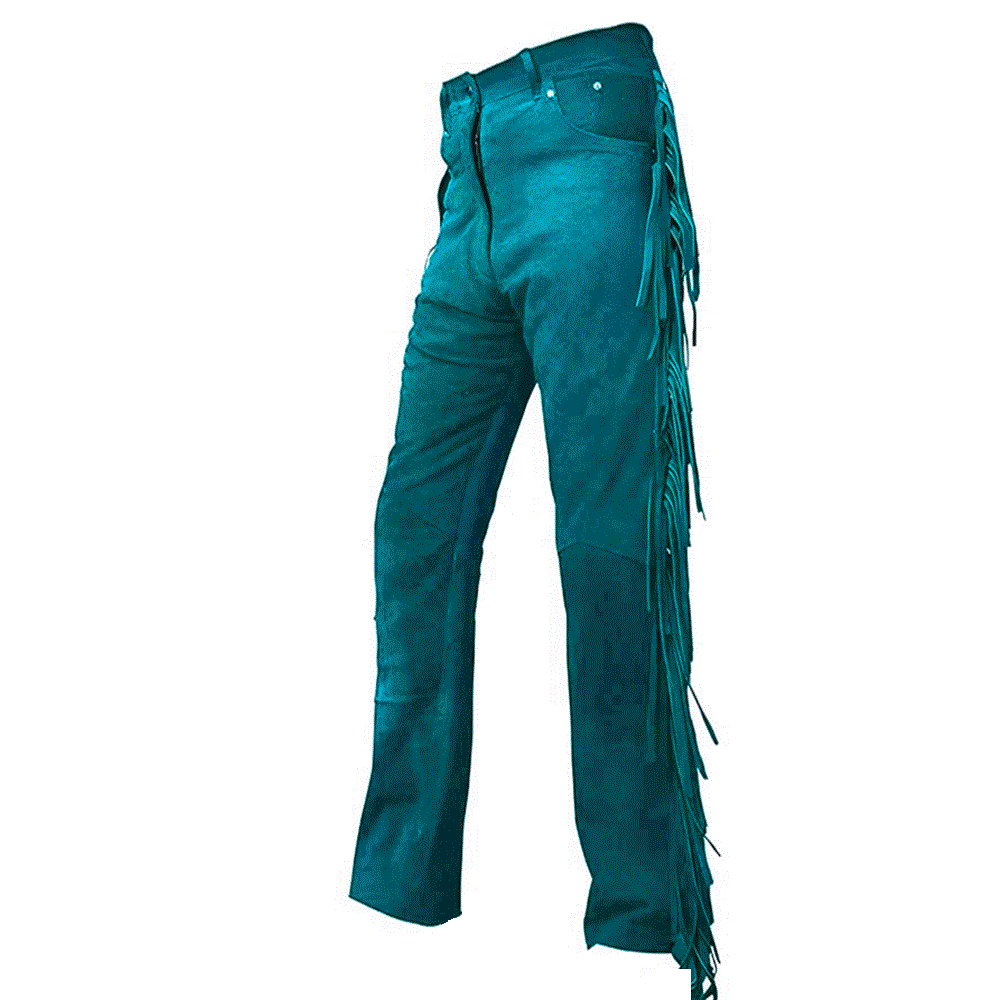 mens suede leather fringe pant in turquoise teal blue
