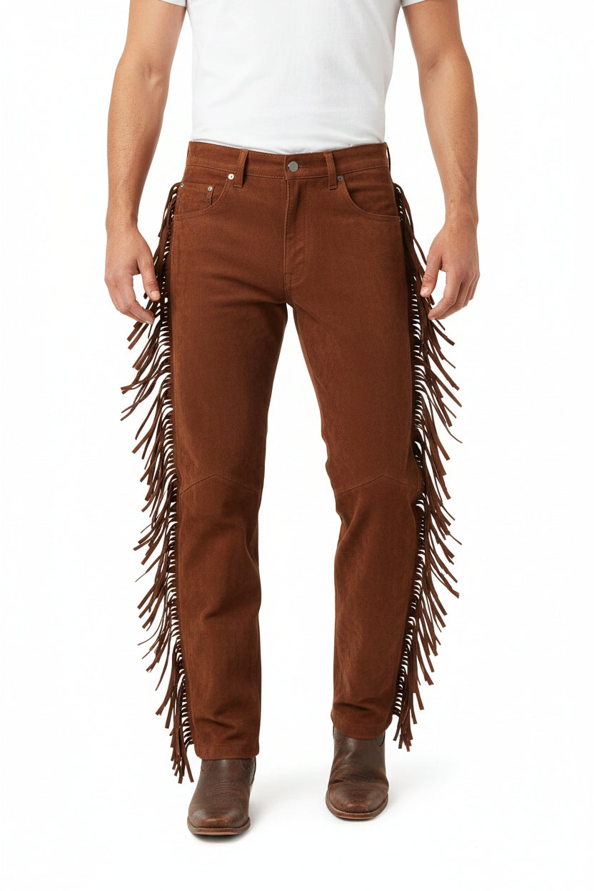 Brown leather pants with fringe details on a white background