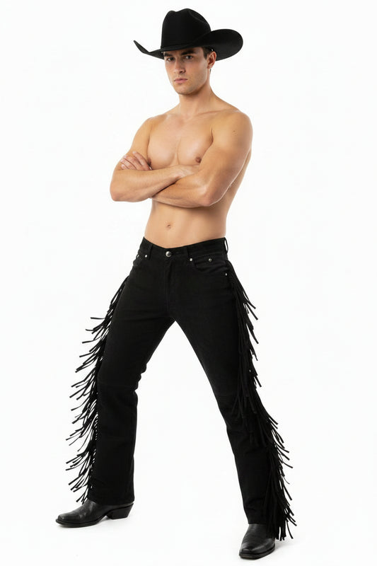 Black leather pants with fringe details on a white background