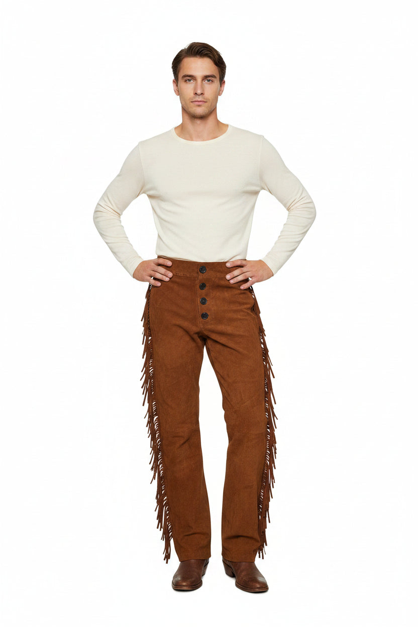 Brown suede pants with fringe details on a white background