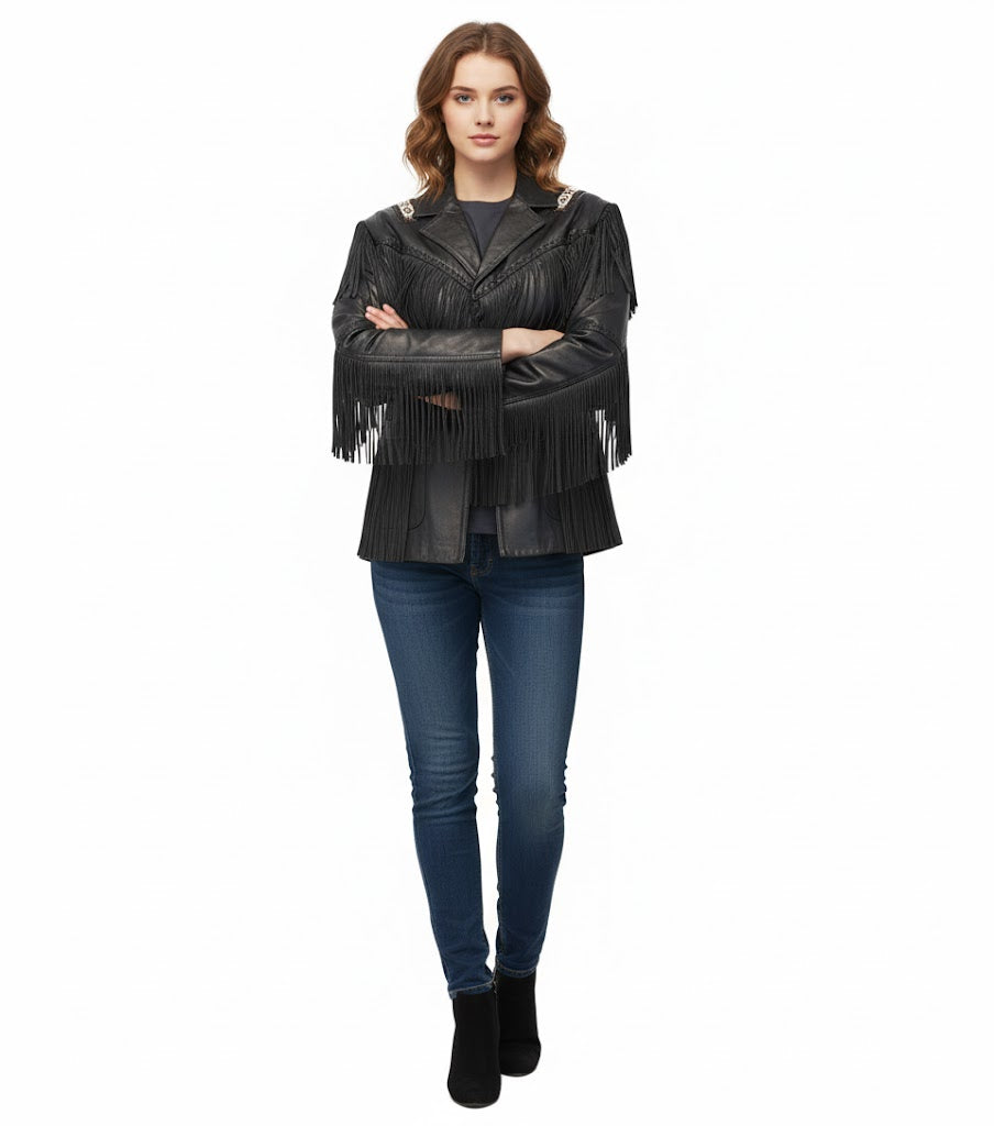 Women’s Western Beige Fringe Leather Jacket WFJ701