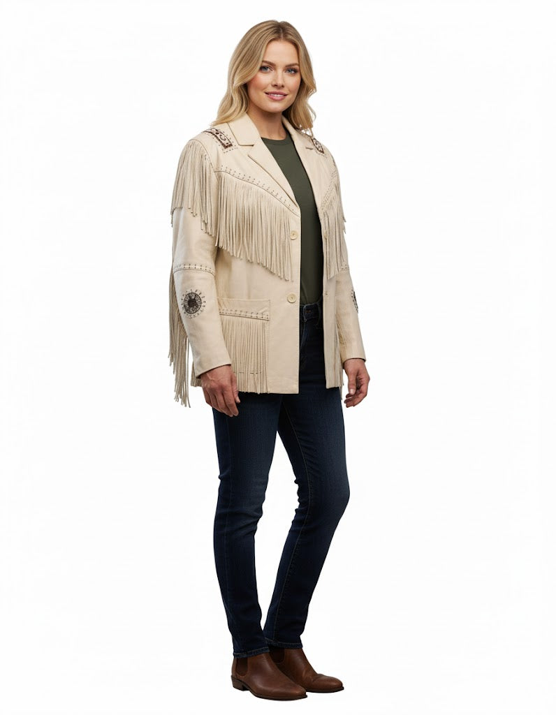 Women’s Western Beige Fringe Leather Jacket WFJ701