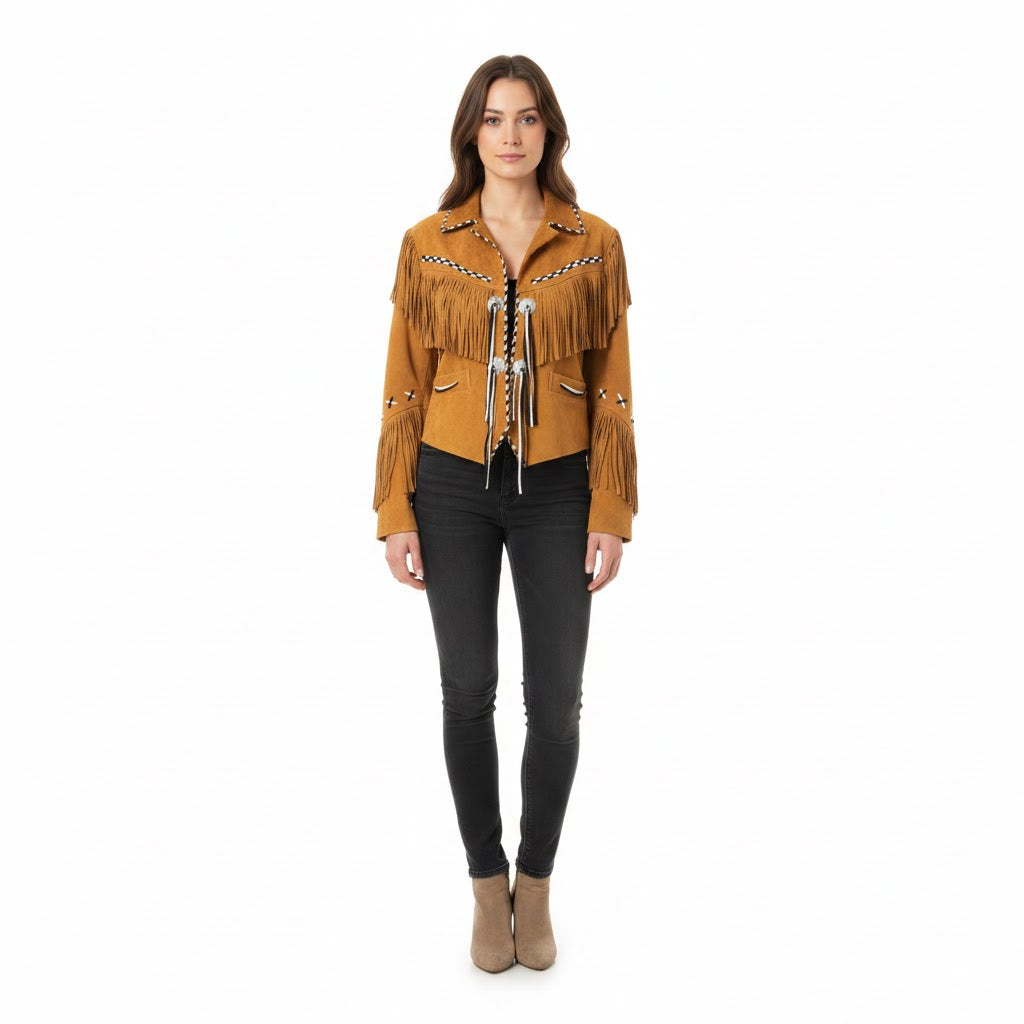 Woman wearing a Tan yellow fringed jacket on a white background