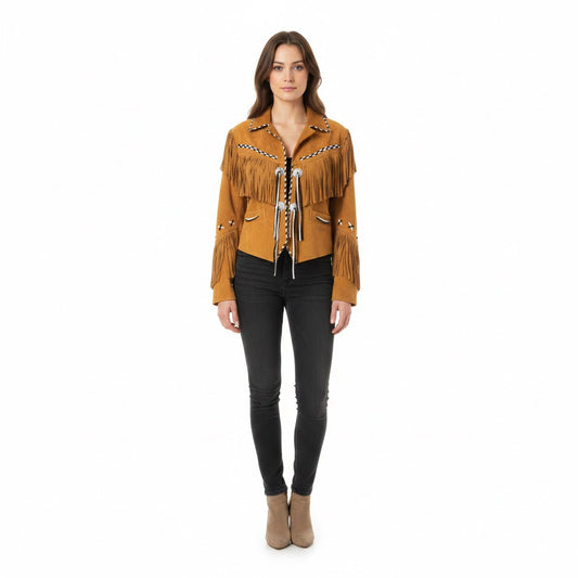 Woman wearing a Tan yellow fringed jacket on a white background