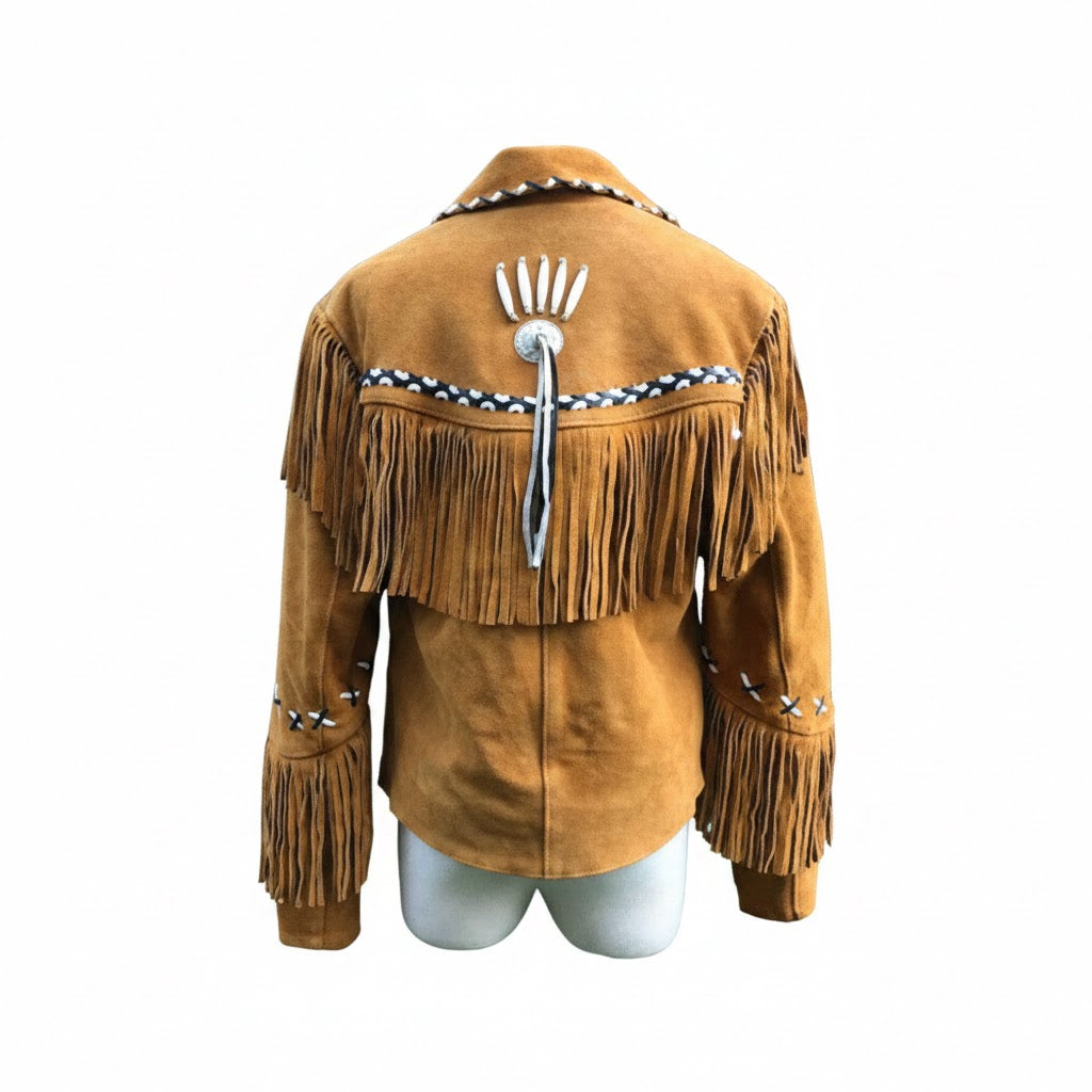 Tan suede jacket with fringes and a decorative emblem on a white background