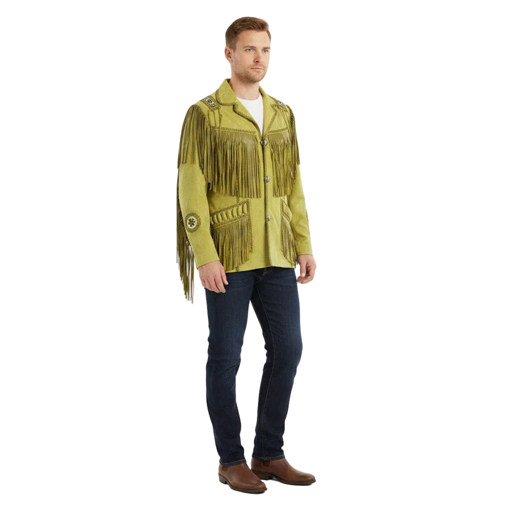 Man wearing a green fringed jacket on a white background
