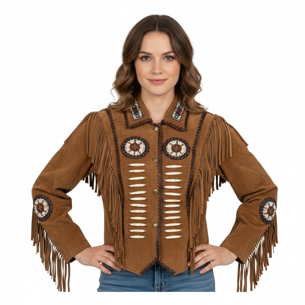 Woman wearing a brown fringed jacket with decorative elements on a white background