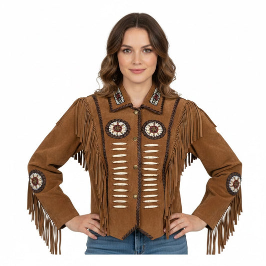 Woman wearing a brown fringed jacket with decorative elements on a white background